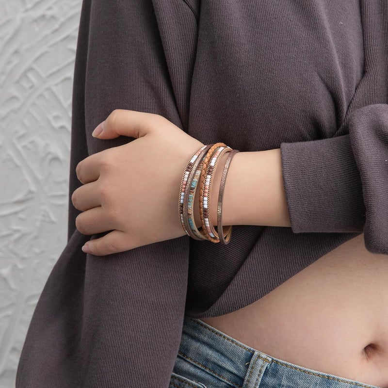 Rantanto Braid Leather Wrap Bracelet Trendy Stackable Crystal Cuff Boho Gold Heart Bracelet Jewelry Gift For Women - Image 4